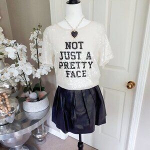 NWOT SAS flared black leather pleated mini skirt, 10